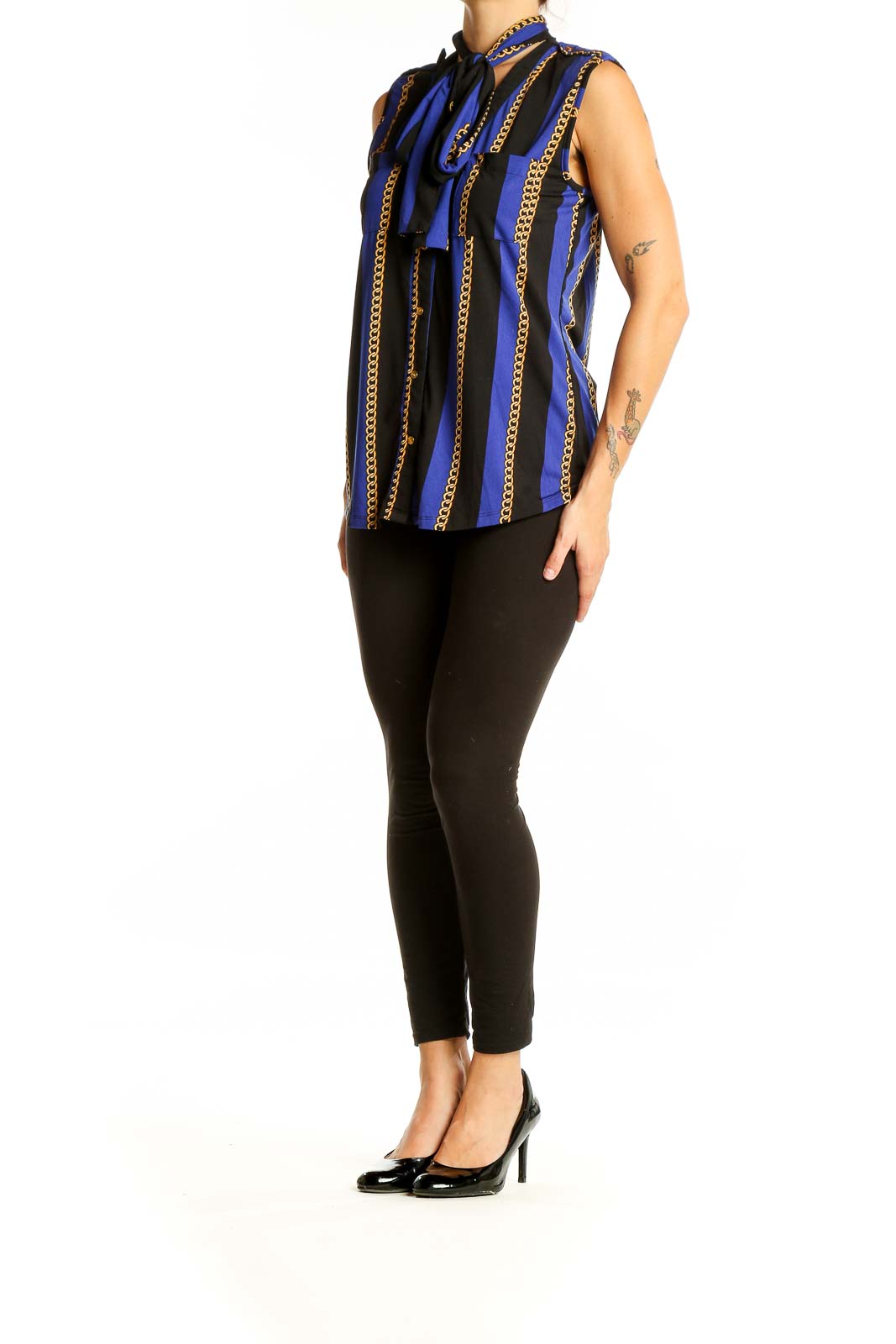 Front view of BCBG MaxAzria blue and black striped sleeveless blouse with gold chain pattern