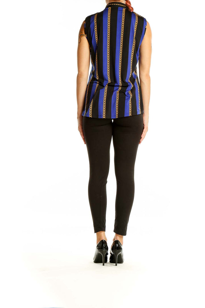 Back view of BCBG MaxAzria blue and black striped sleeveless blouse