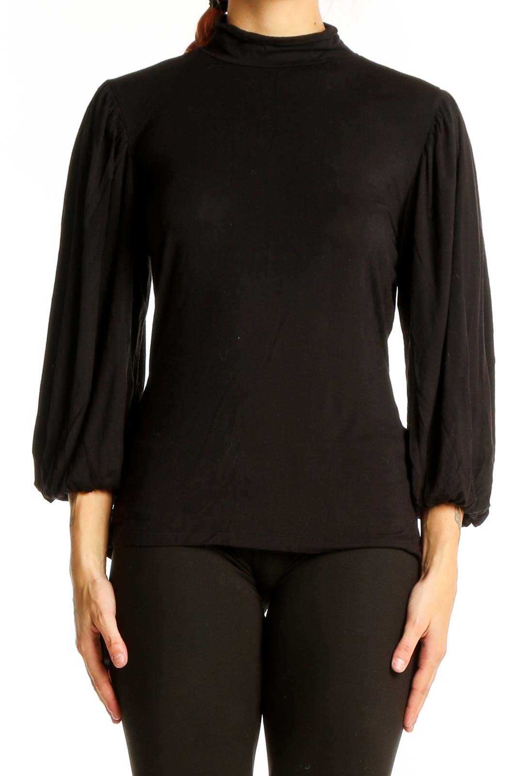 Front view of black Premise mock neck top with billowy sleeves