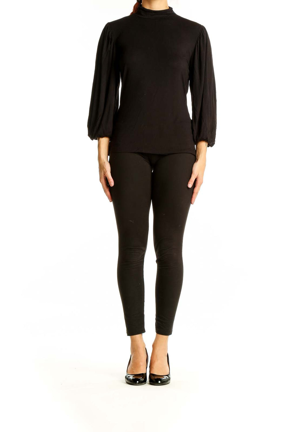 Front view of black Premise mock neck top with billowy sleeves