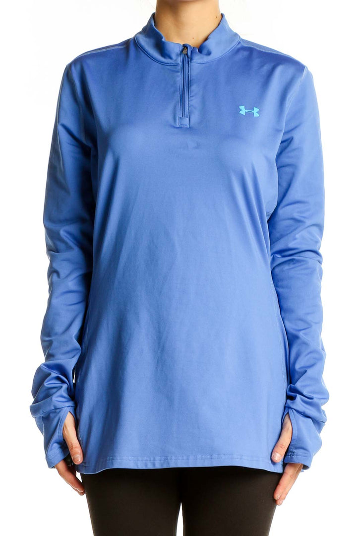 Front view of blue Under Armour quarter-zip athletic top