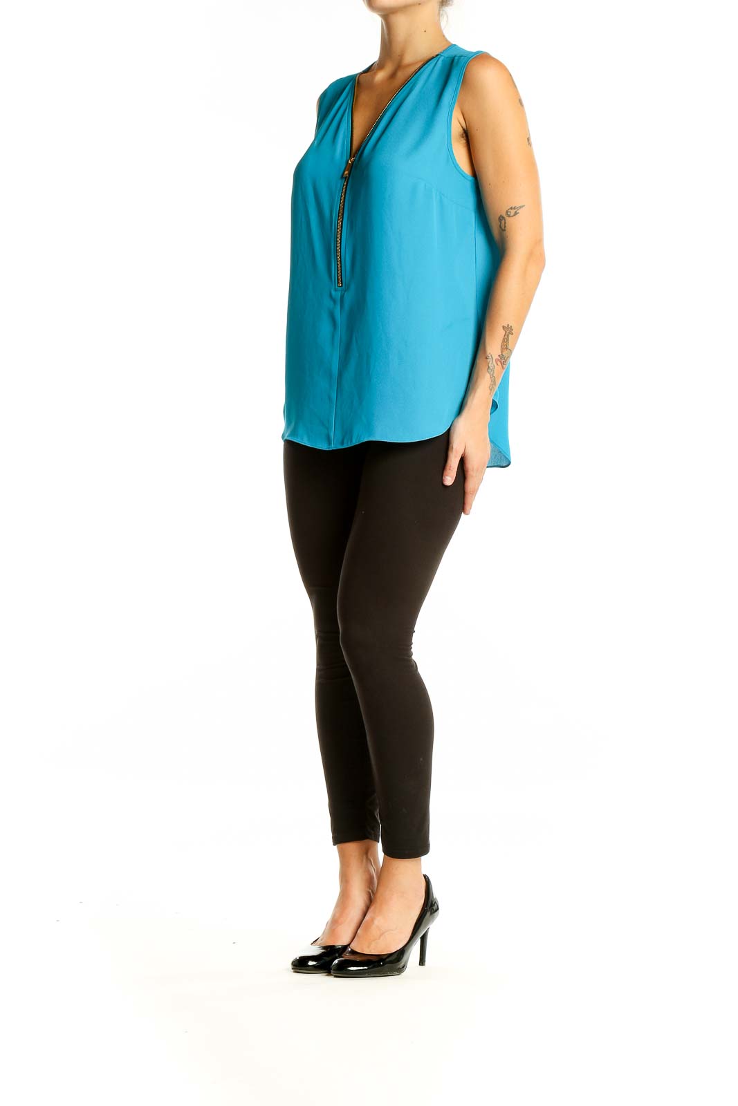 Front view of turquoise sleeveless blouse with zip-front detail