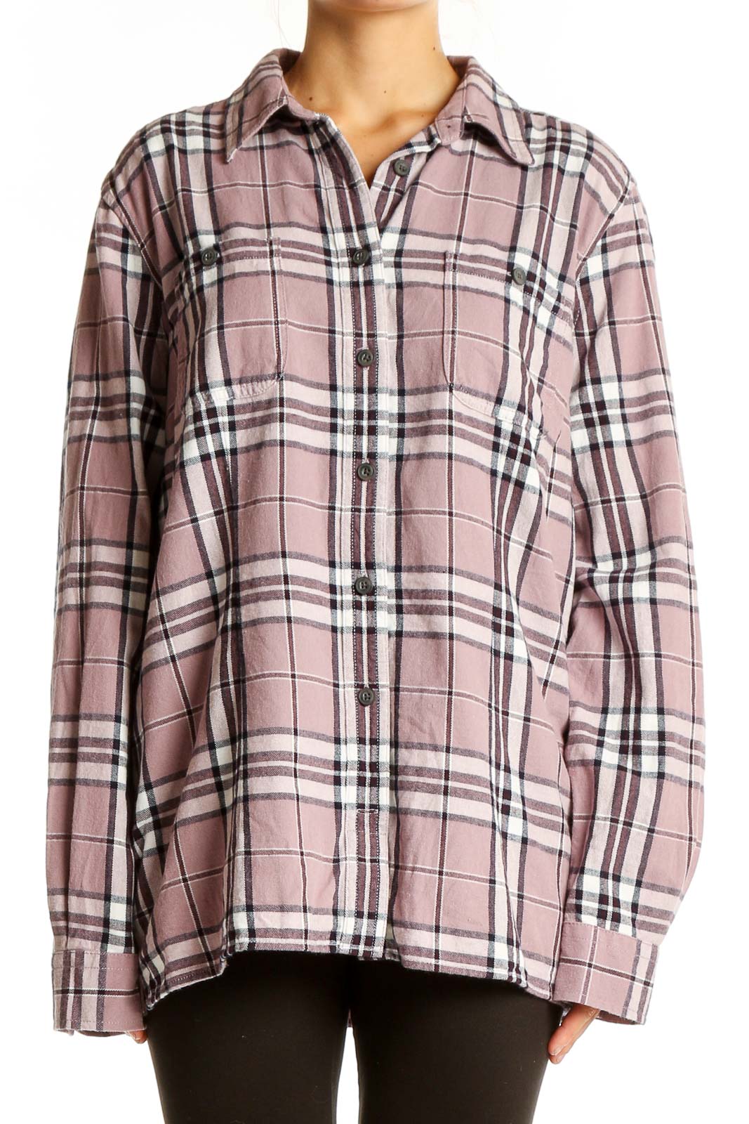 Front view of pink plaid cotton button-down shirt from Duluth Trading Co