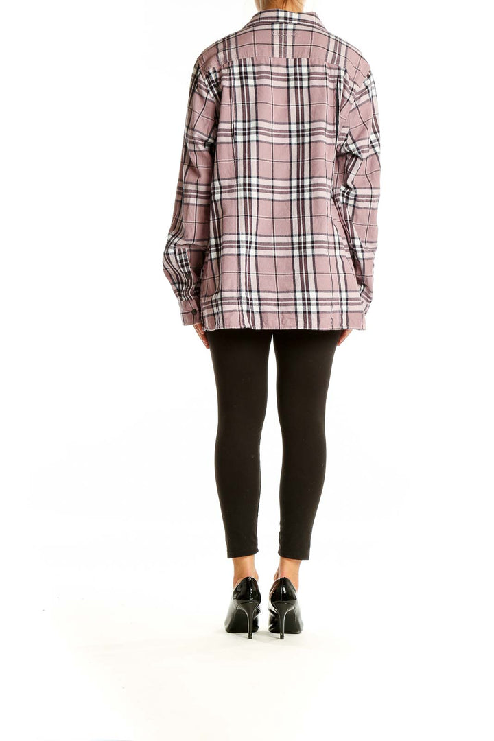 Back view of pink plaid oversized cotton shirt showing full pattern