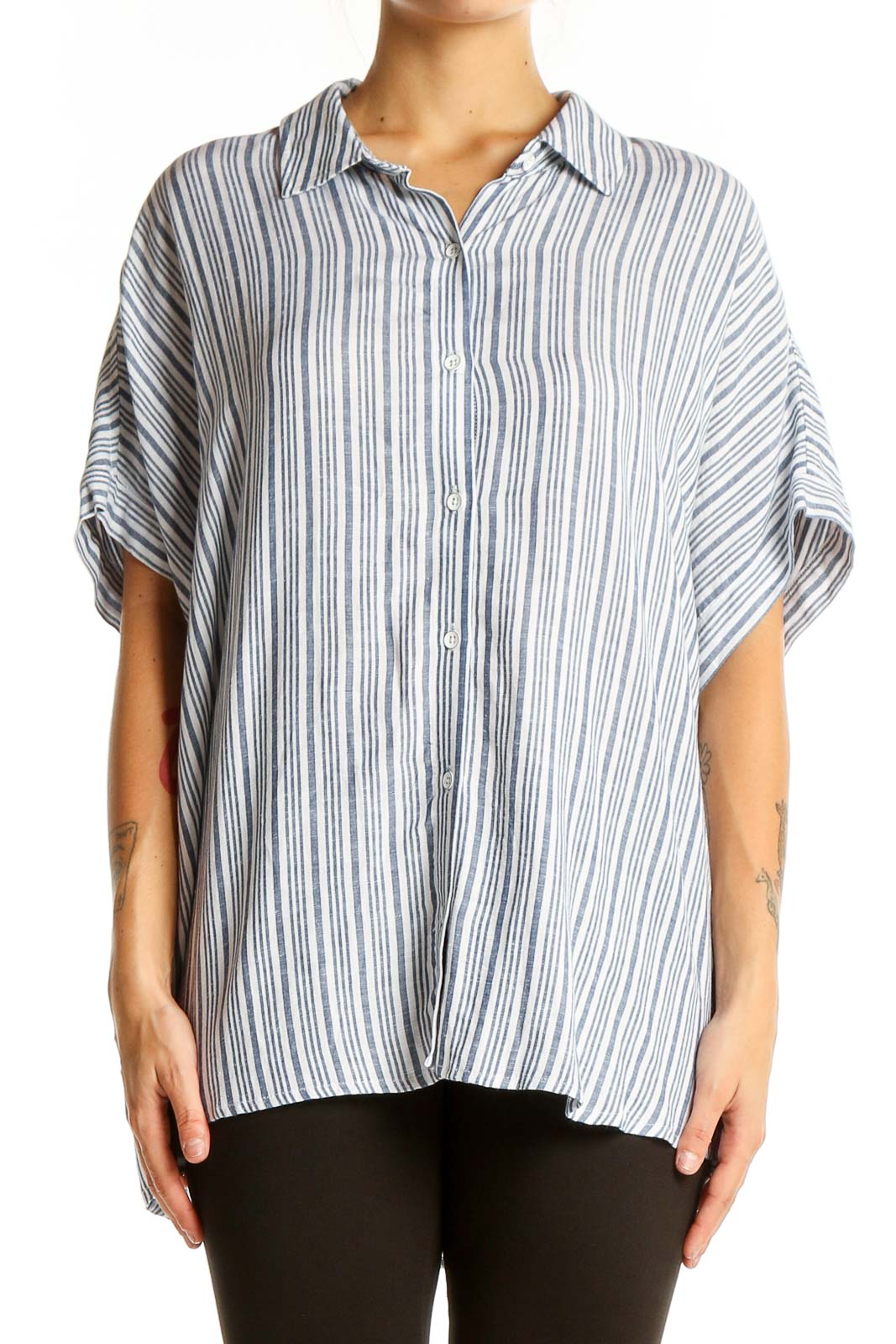 Front view of Splendid blue striped linen-blend oversized button-down shirt