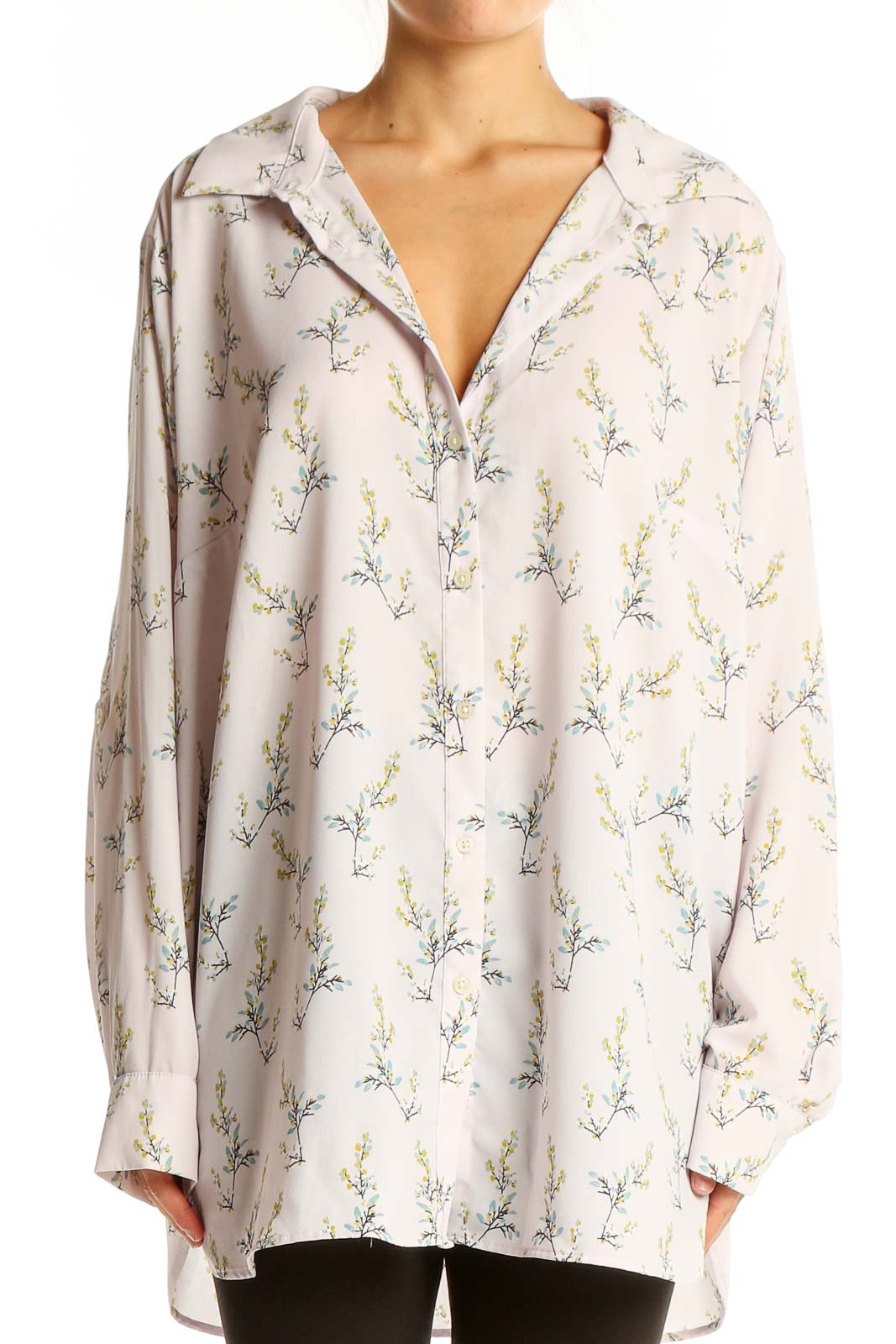 Front view of LOFT PLUS white floral print oversized button-down shirt