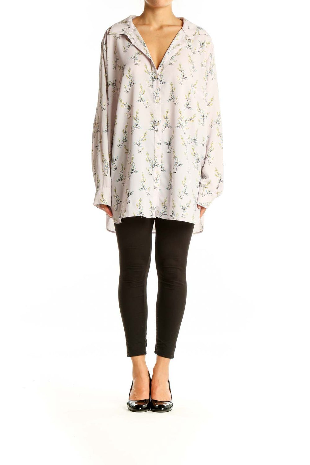 Front view of LOFT PLUS white floral print oversized button-down shirt