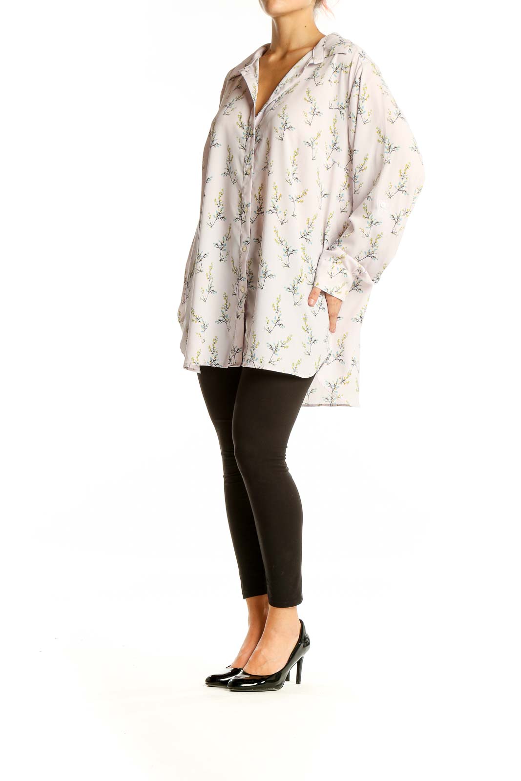 Front view of LOFT PLUS white floral print oversized button-down shirt