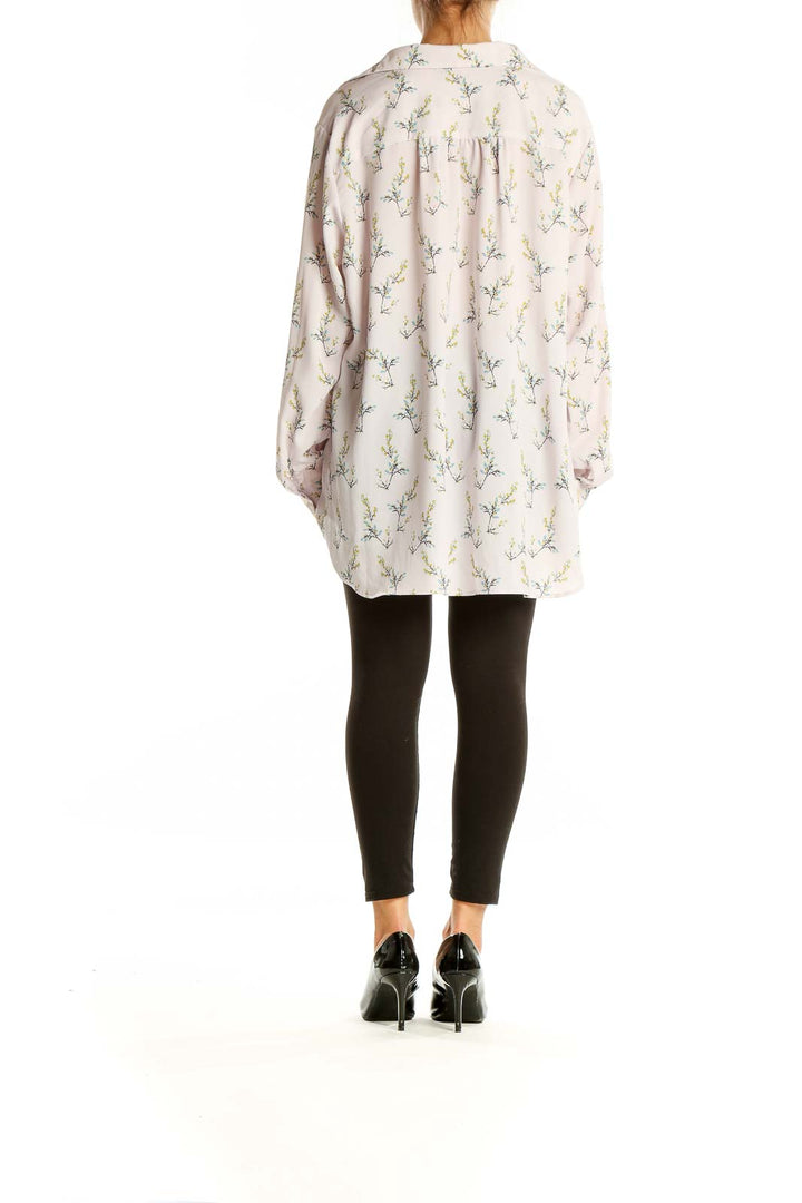 Back view of LOFT PLUS white floral print oversized button-down shirt on model