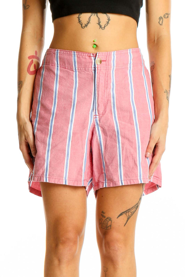 Front view of pink striped Columbia cotton shorts with button closure