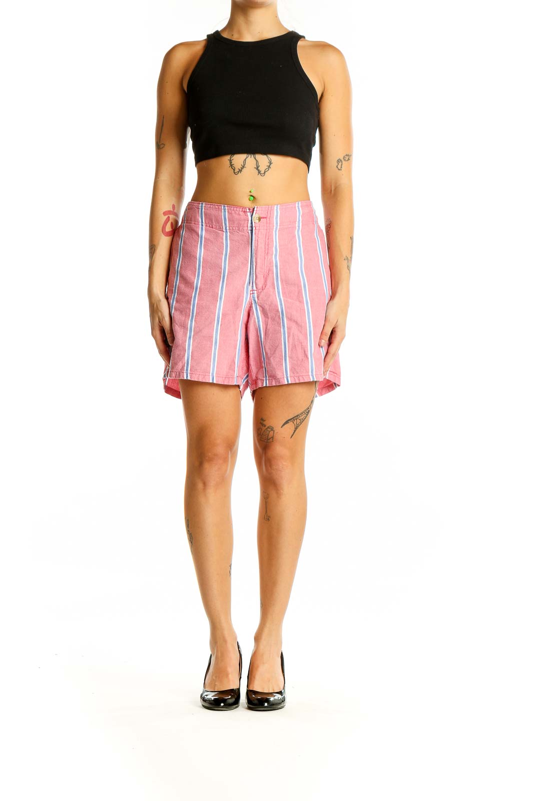 Front view of pink striped Columbia cotton shorts with button closure