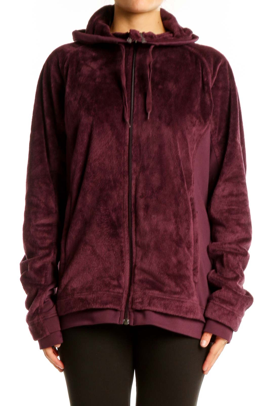 Front view of burgundy Columbia plush zip-up hoodie with full-length zipper