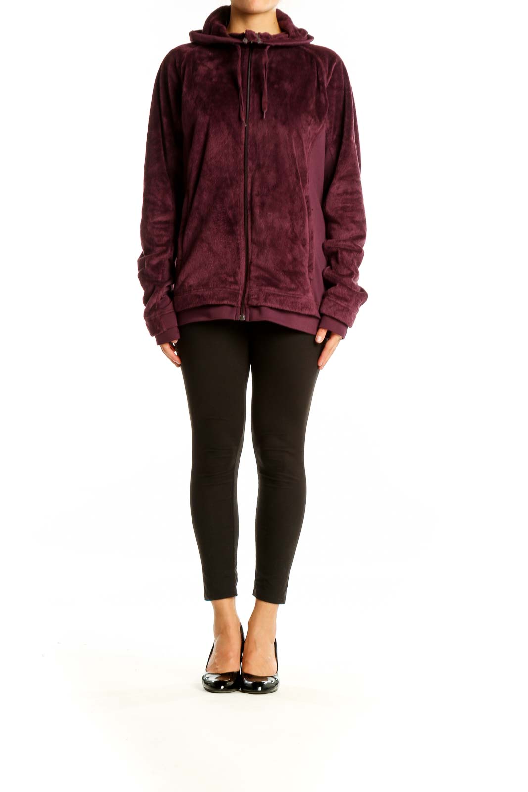 Front view of burgundy Columbia plush zip-up hoodie with full-length zipper