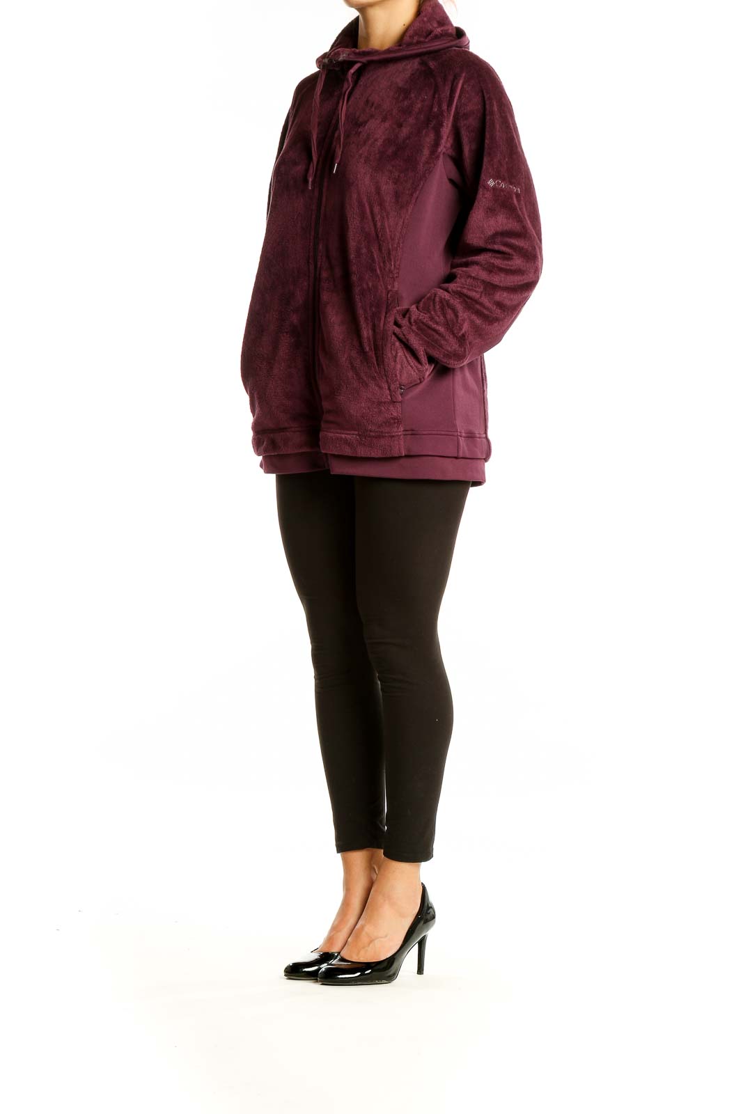 Front view of burgundy Columbia plush zip-up hoodie with full-length zipper