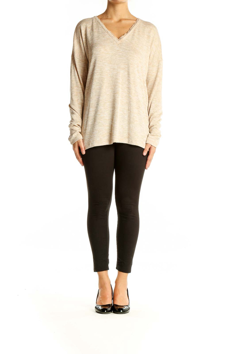 Front view of Doe & Rae beige V-neck sweater with lace trim