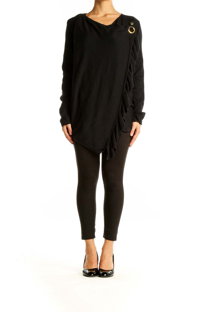 Front view of INC black asymmetrical wrap knit sweater with ruffle detail