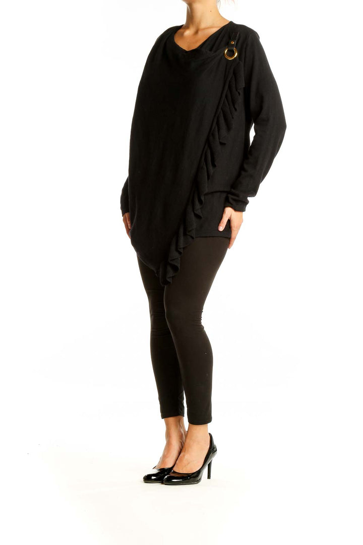 Front view of INC black asymmetrical wrap knit sweater with ruffle detail