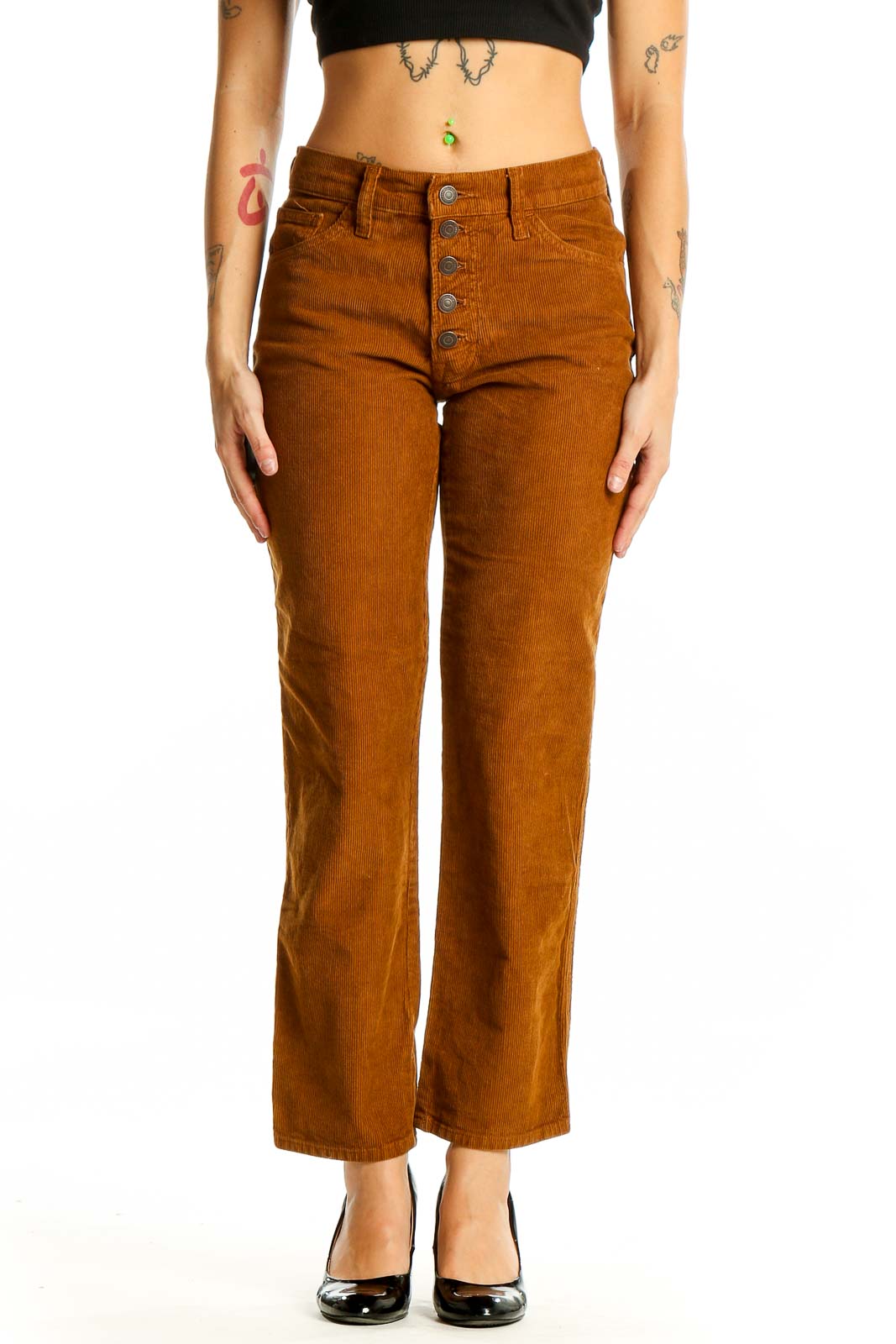 Front view of Lucky Brand caramel corduroy pants with button-front closure