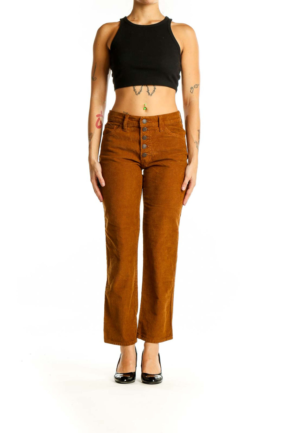 Front view of Lucky Brand caramel corduroy pants with button-front closure