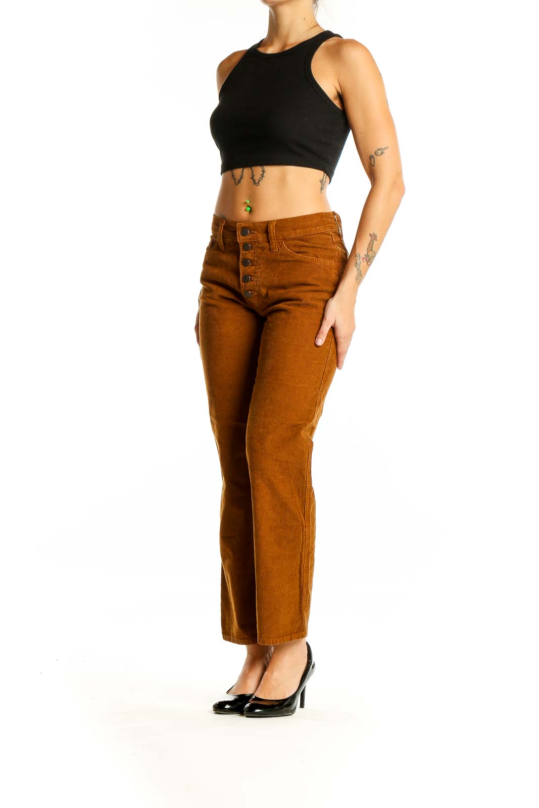 Front view of Lucky Brand caramel corduroy pants with button-front closure