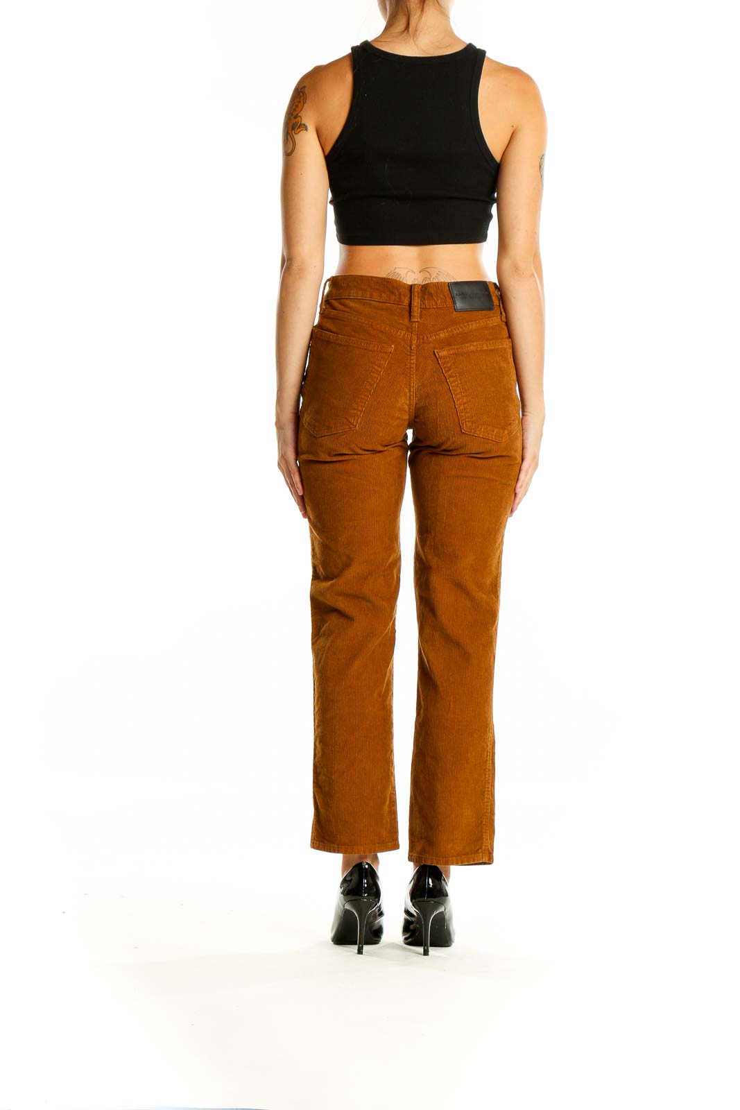 Back view of Lucky Brand caramel corduroy straight leg pants