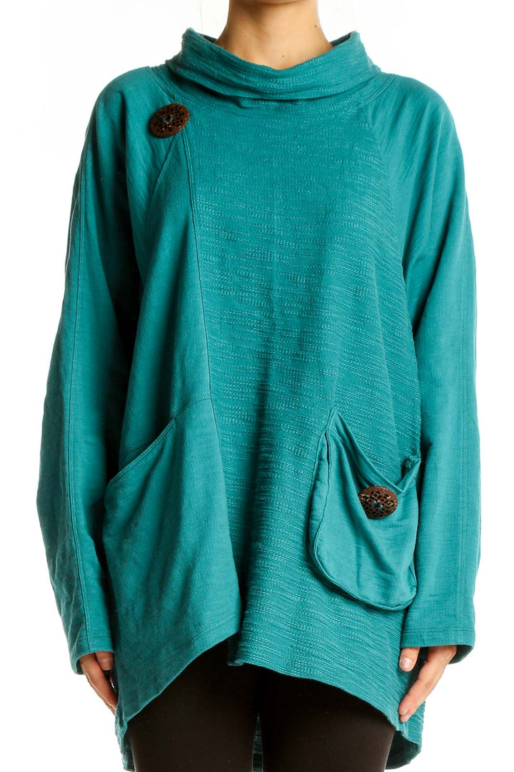 Front view of teal Neon Buddha cotton tunic with cowl neck and decorative buttons