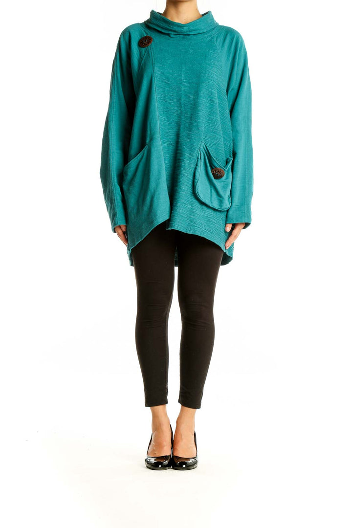 Front view of teal Neon Buddha cotton tunic with cowl neck and decorative buttons