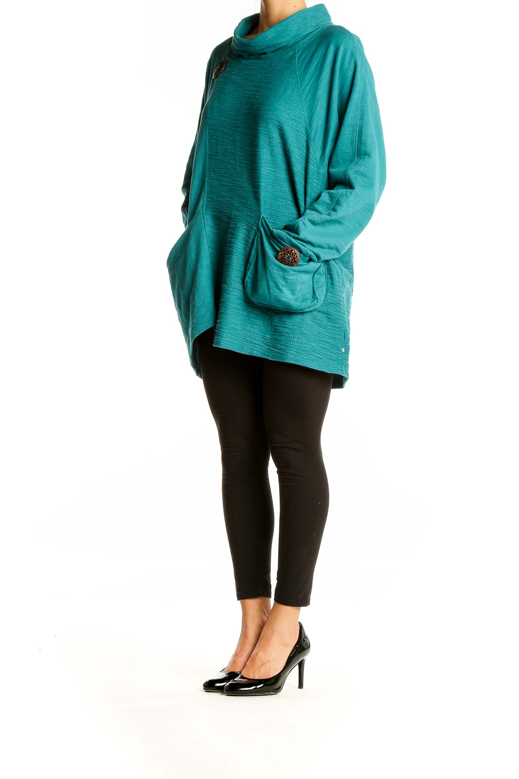 Front view of teal Neon Buddha cotton tunic with cowl neck and decorative buttons