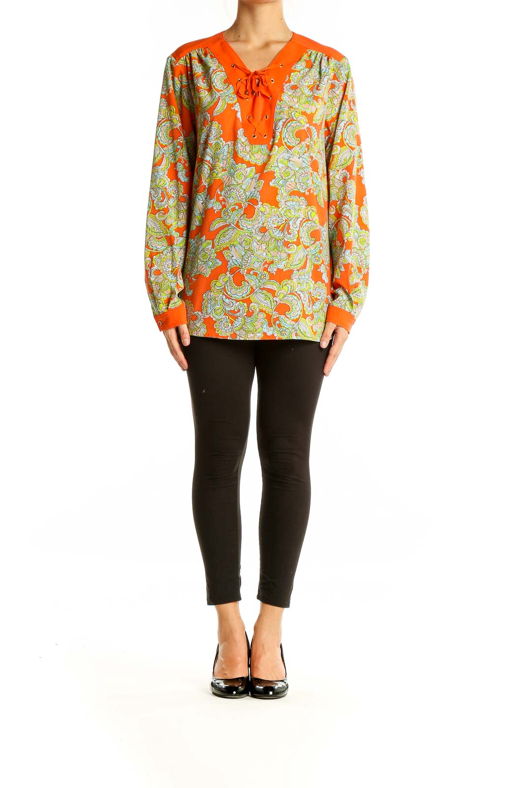 Front view of Jones New York orange floral lace-up blouse with paisley print