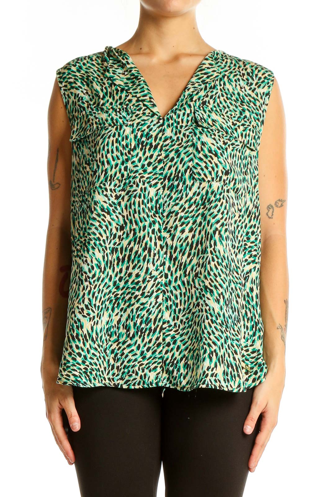 Front view of Jones New York green animal print sleeveless blouse