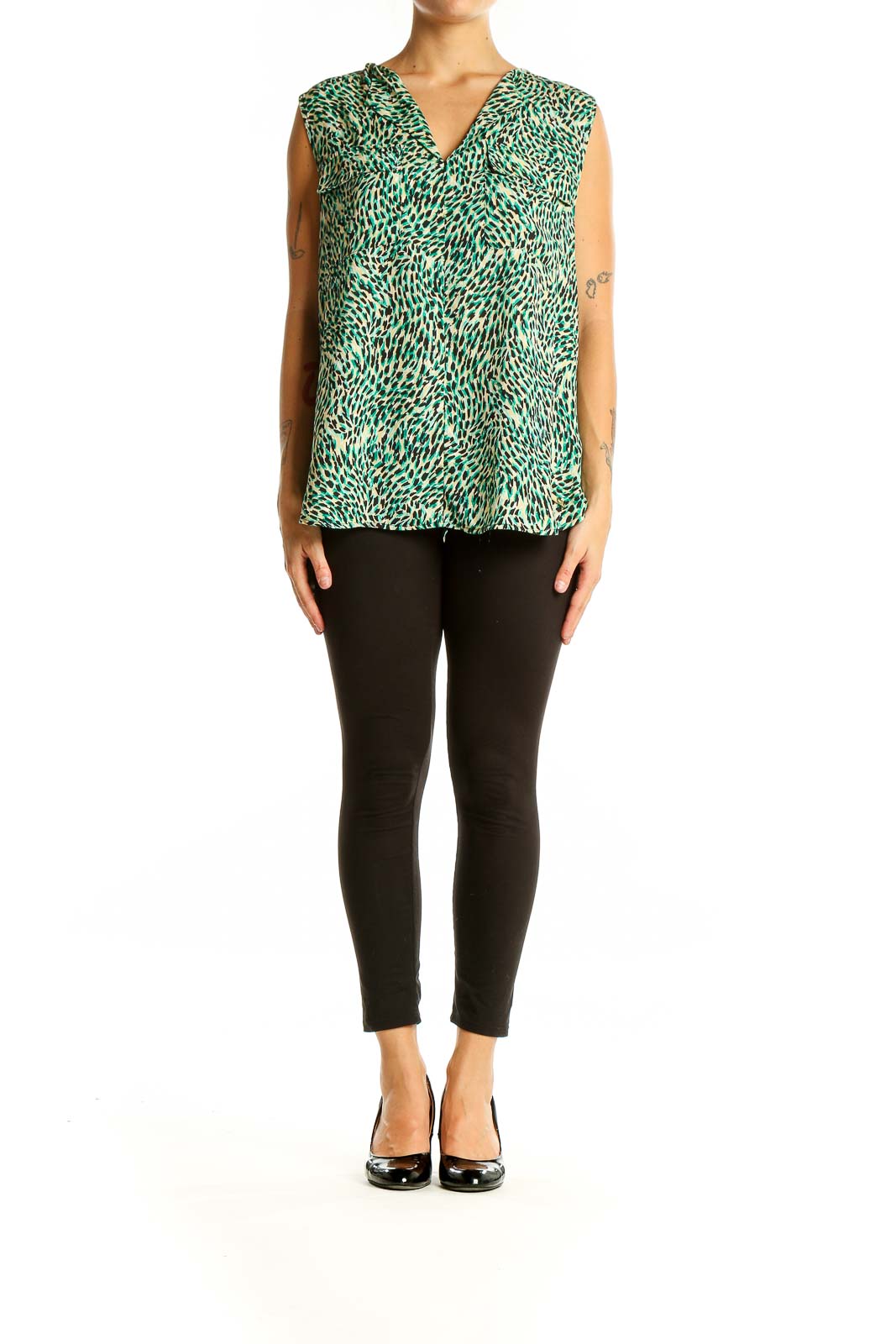 Front view of Jones New York green animal print sleeveless blouse