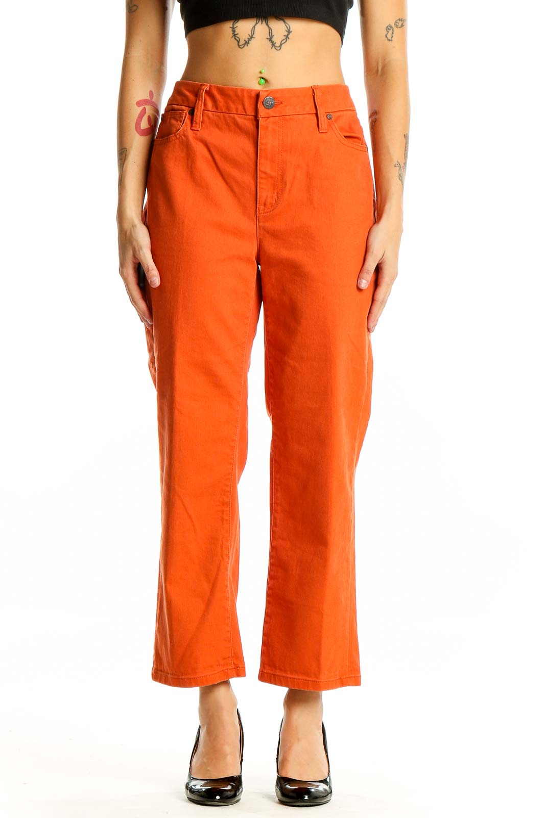 Front view of orange high-waisted wide-leg cropped jeans from Coldwater Creek