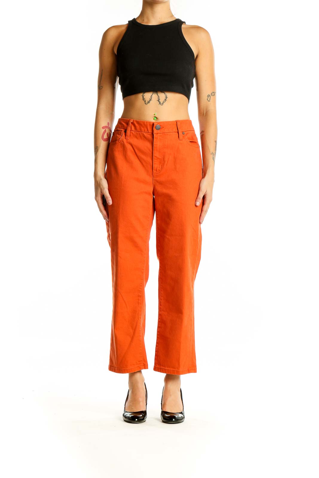 Front view of orange high-waisted wide-leg cropped jeans from Coldwater Creek