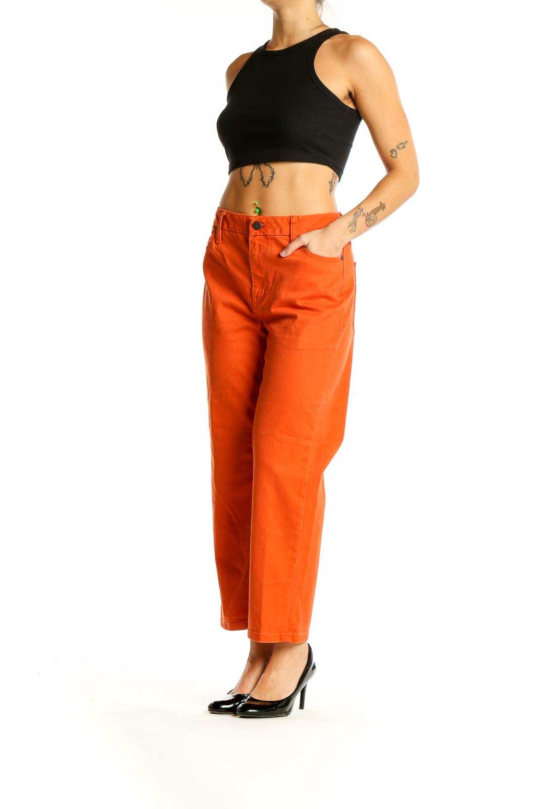 Front view of orange high-waisted wide-leg cropped jeans from Coldwater Creek