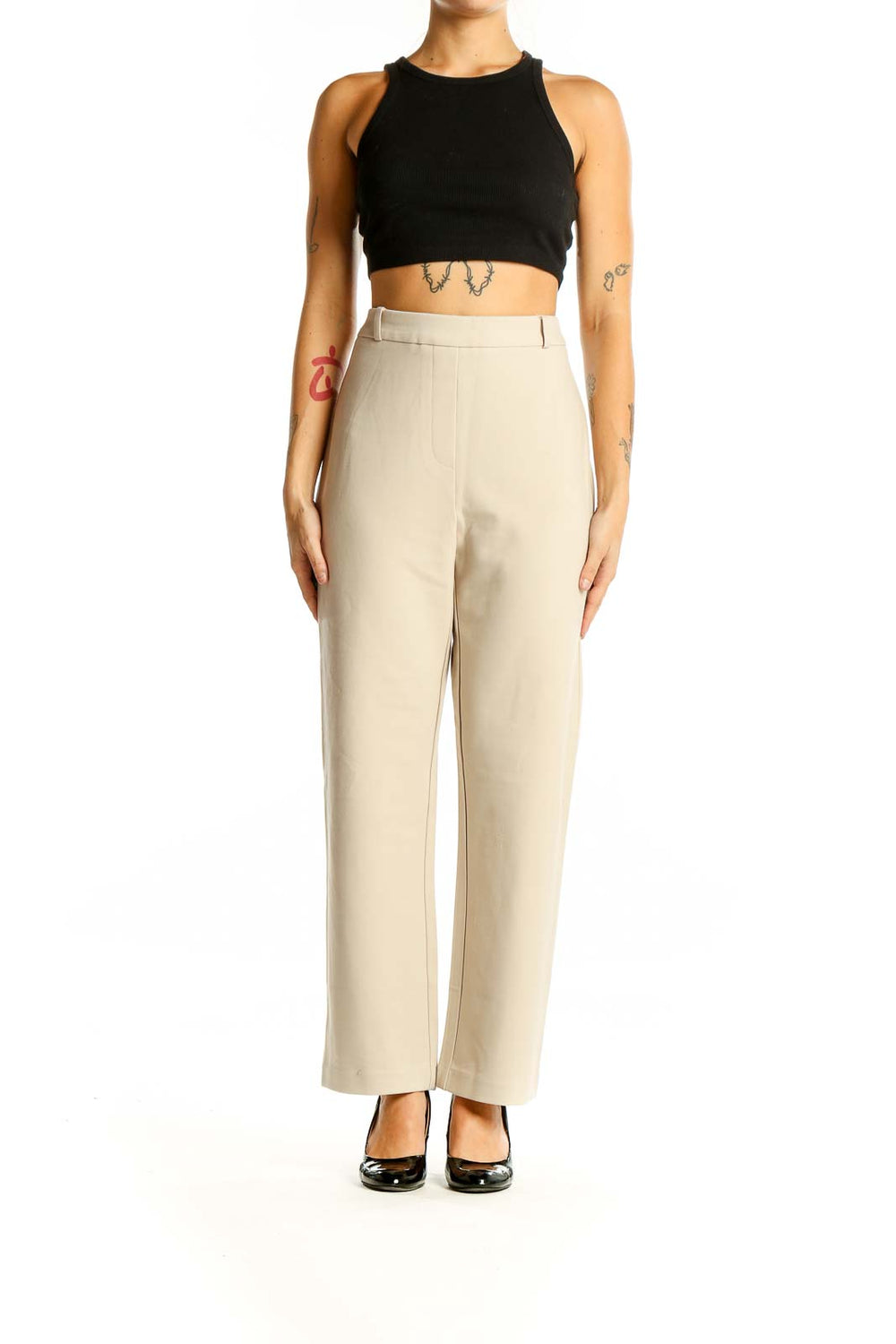 Front view of Jones New York beige high-waisted wide-leg trousers