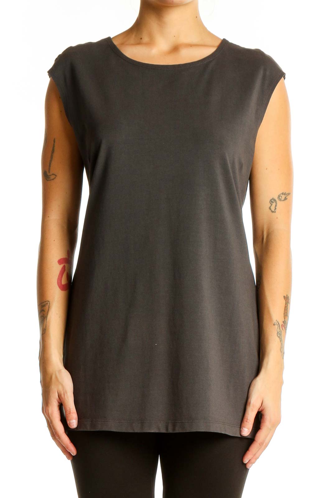 Front view of NIC + ZOE charcoal sleeveless casual top