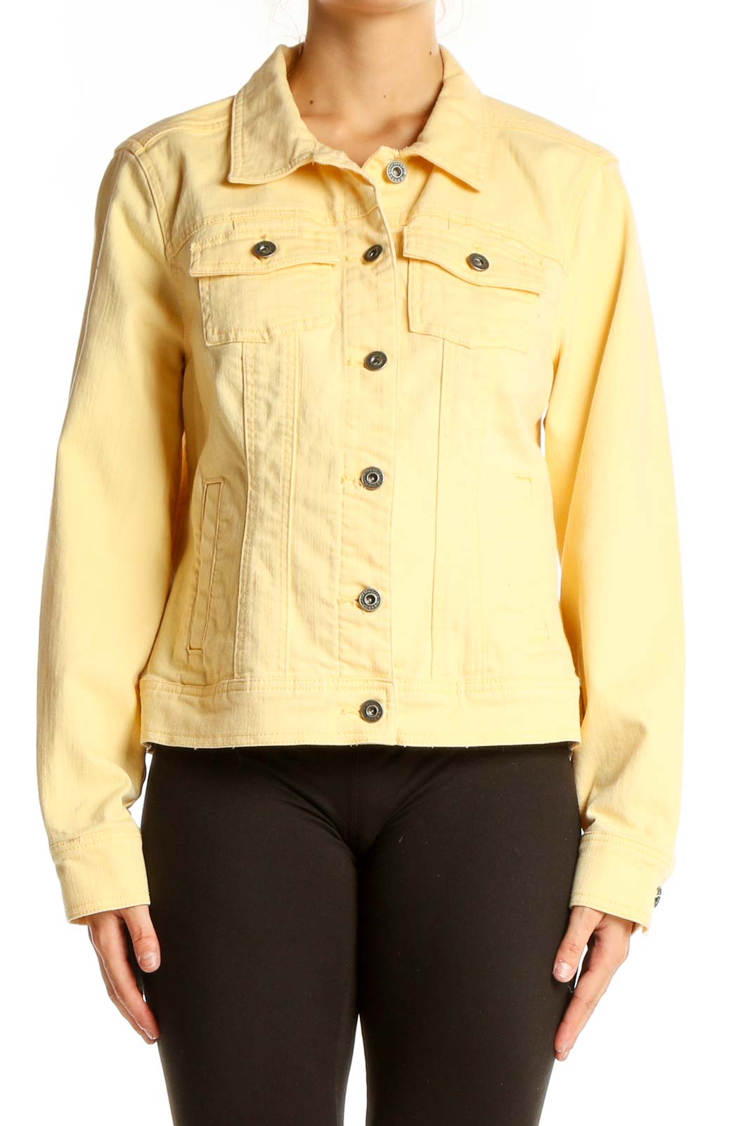 Front view of yellow denim jacket by Christopher & Banks