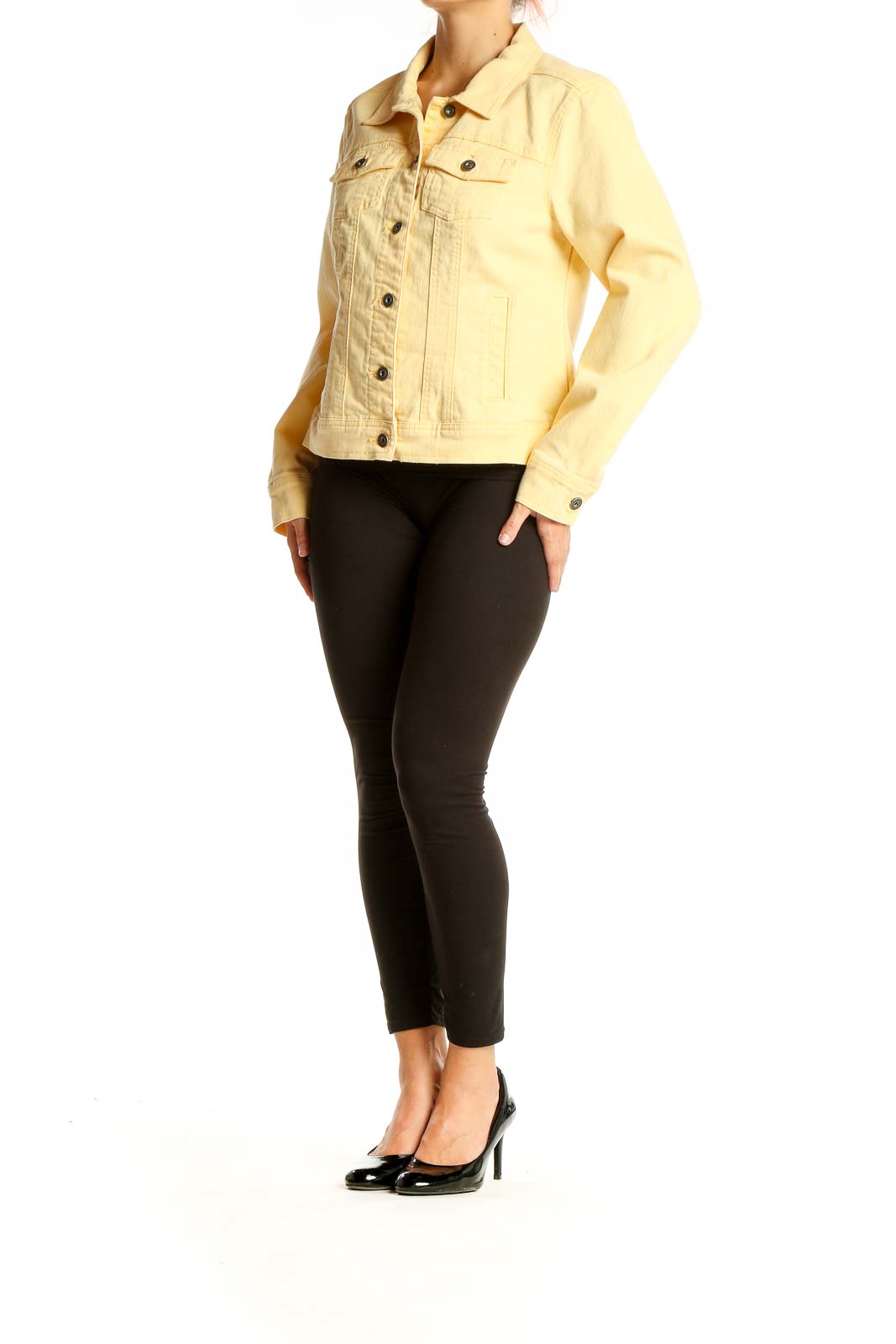 Front view of yellow denim jacket by Christopher & Banks