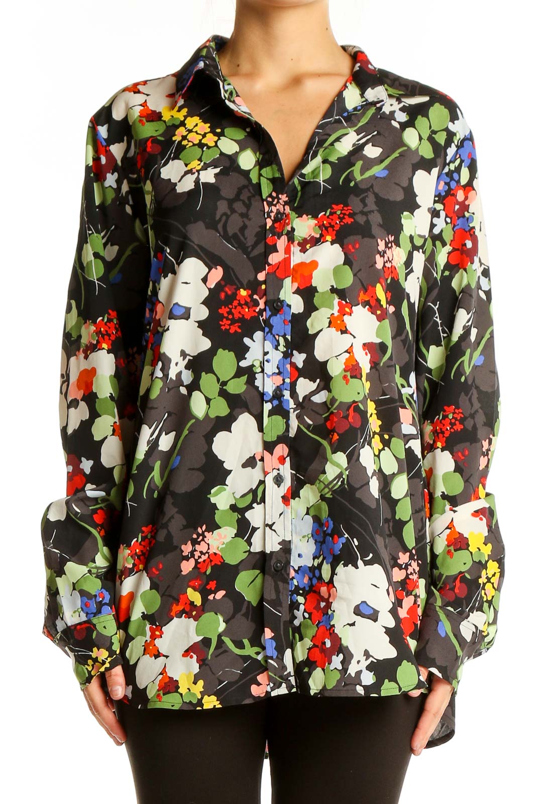 Front view of Banana Republic multicolor floral print button-up blouse