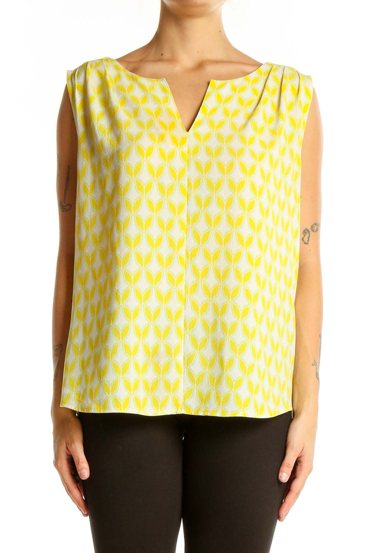 Front view of Pixley yellow geometric print sleeveless blouse