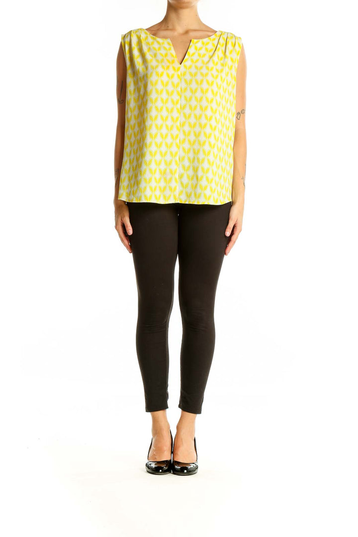 Front view of Pixley yellow geometric print sleeveless blouse