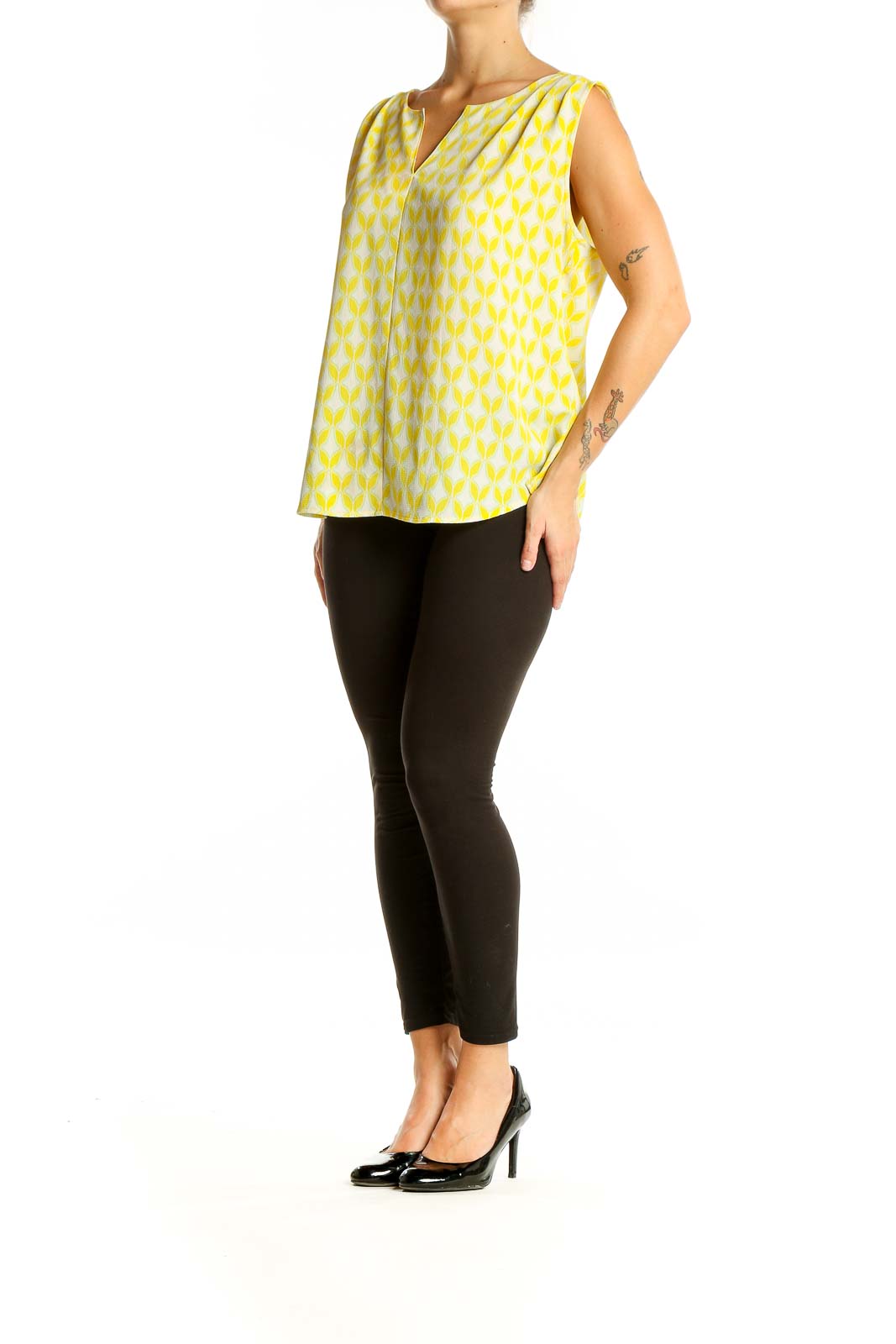 Front view of Pixley yellow geometric print sleeveless blouse