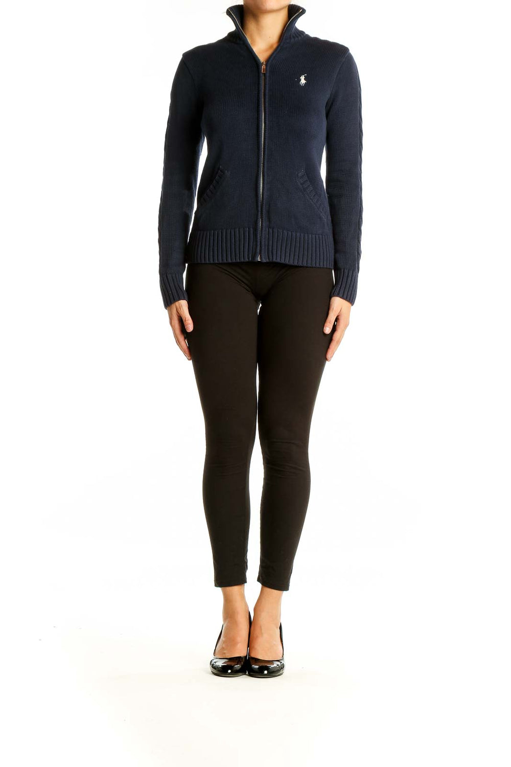 Front view of Ralph Lauren Sport navy cotton zip-up sweater with stand-up collar