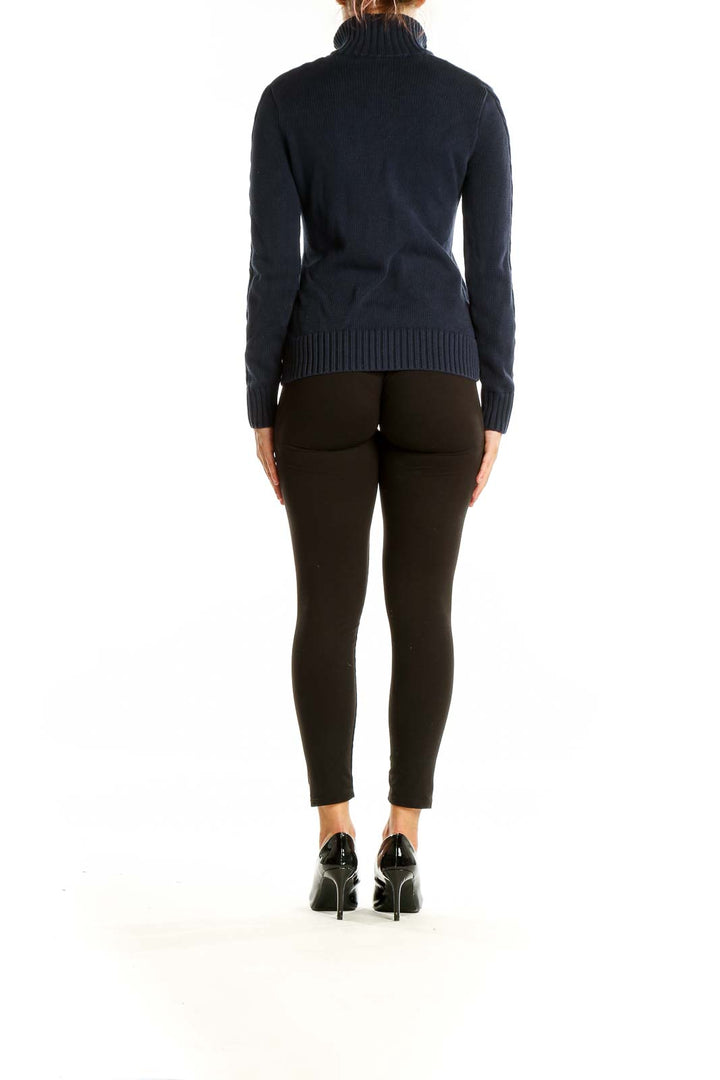 Back view of Ralph Lauren Sport navy cotton zip-up sweater showing full length and fit