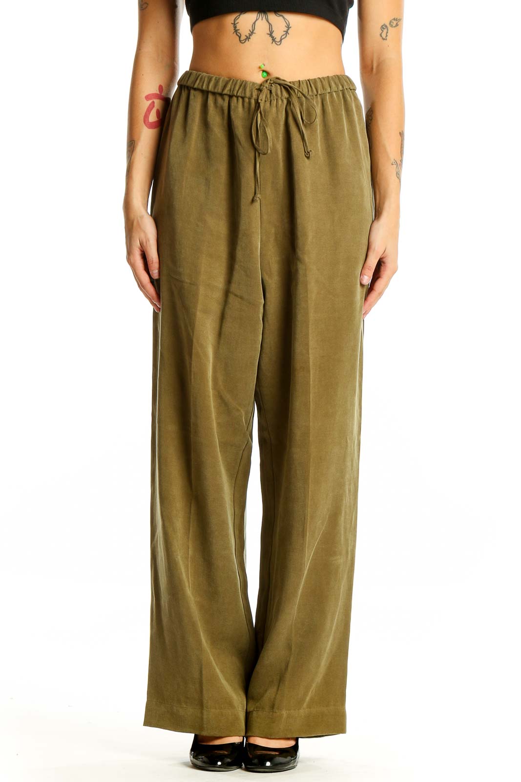 Front view of olive Soft Surroundings wide-leg pants with drawstring waist