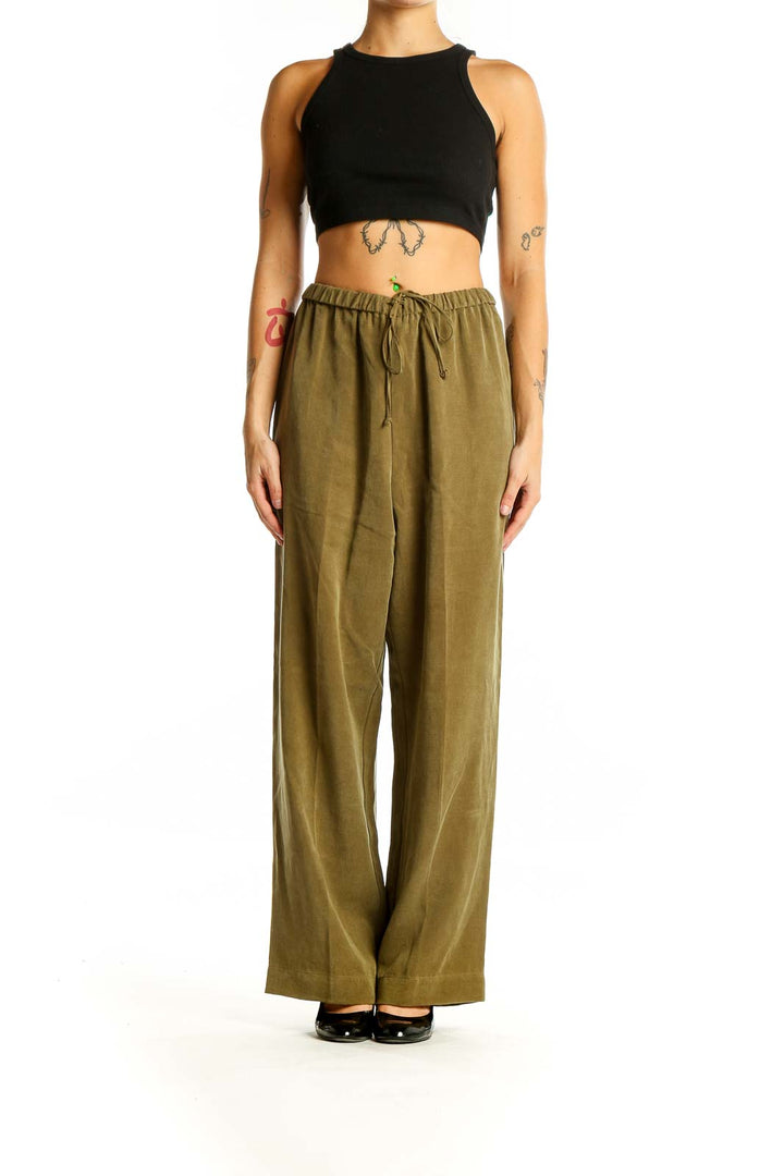 Front view of olive Soft Surroundings wide-leg pants with drawstring waist