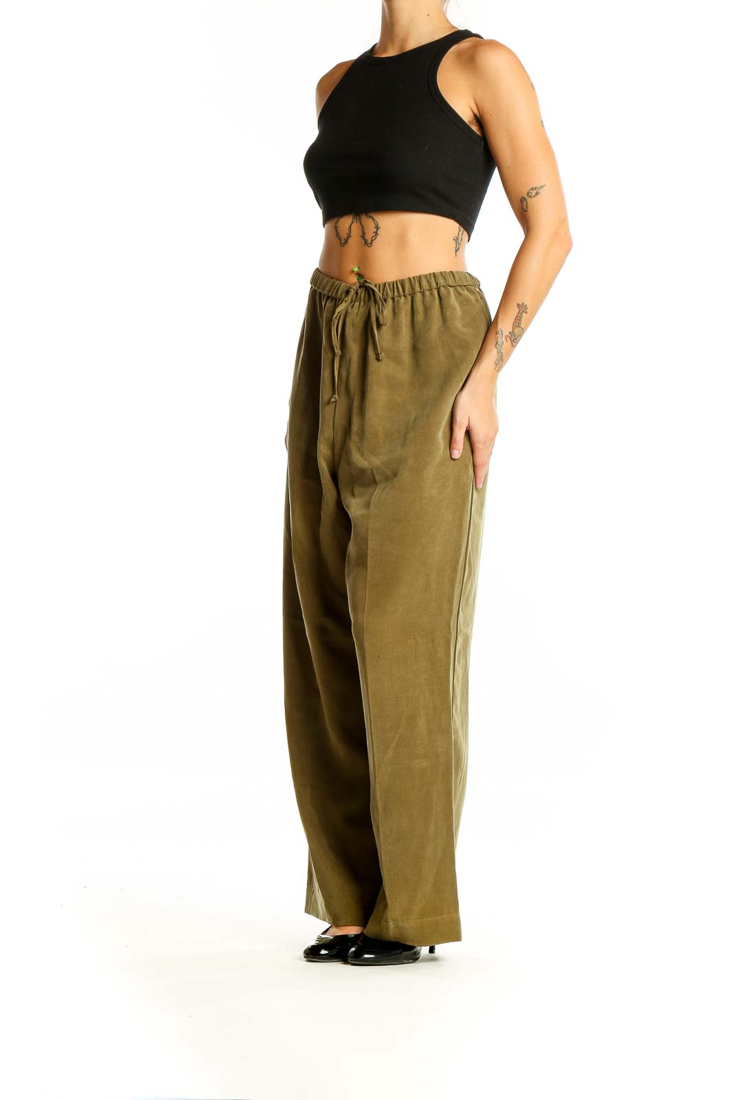 Front view of olive Soft Surroundings wide-leg pants with drawstring waist