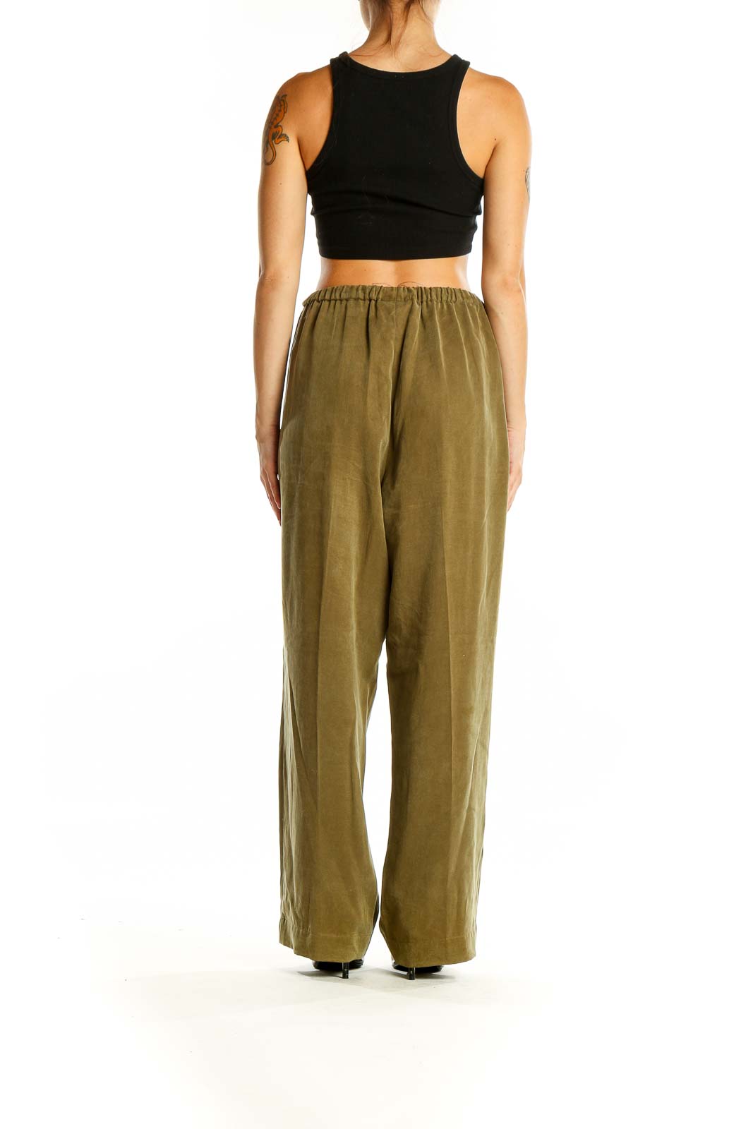 Back view of olive Soft Surroundings wide-leg pants on model