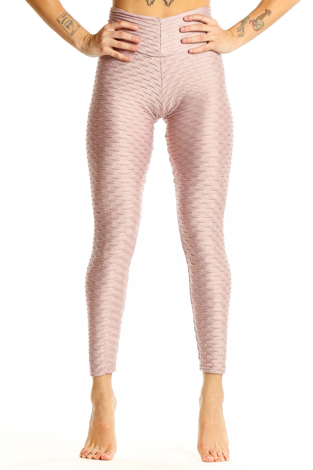 Front view of pink textured high-waist activewear leggings by Booty By Brabants