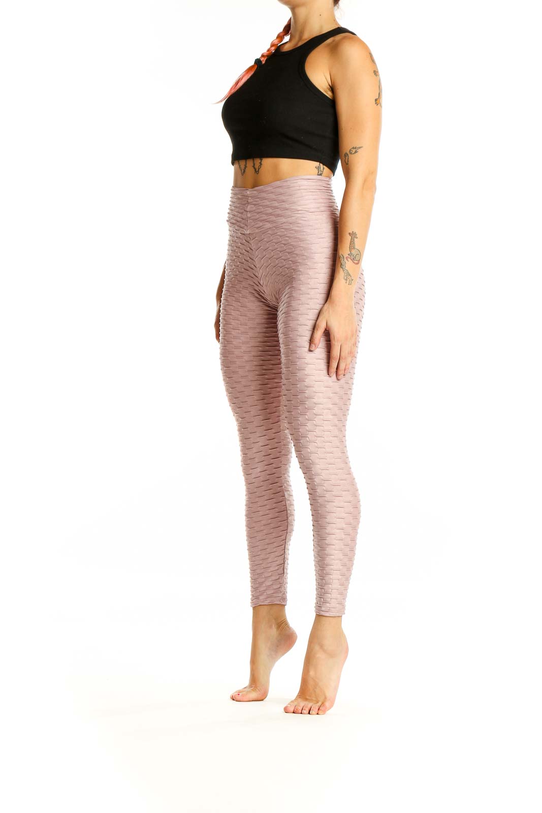 Front view of pink textured high-waist activewear leggings by Booty By Brabants